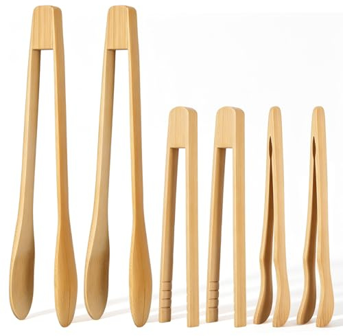 6 PCS Bamboo Tongs for Toaster Wooden Toast Tongs for Cooking Long Cooking Salad Tong Bamboo Kitchen Utensils for Picking up Cheese Bacon Toast Cake Fruits Bread Spaghetti