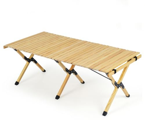 HOMASIS Campingtisch klappbar, tragbarer Klapptisch für 4-6 Personen, rollbarer Picknicktisch aus Kiefernholz mit Tragetasche, Outdoor Falttisch für Reisen, Grillparty, Picknick, Garten, Strand