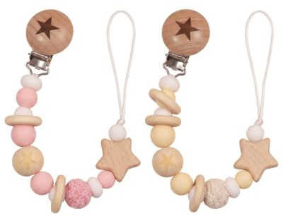 XALFST 2 attaches-tétines en hêtre, avec clip de sécurité et anneau pivotant à 360°, porte tetine bebe，adaptées aux poussettes et aux vêtements pour bébés