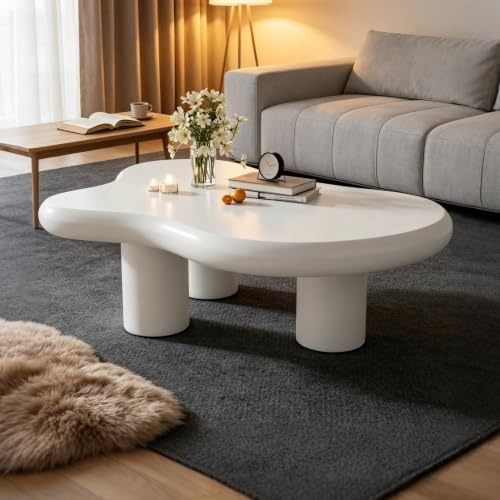 Fahuac Wolken-Couchtisch Unregelmäßig Moderner Wohnzimmertisch Kreativer Kaffeetisch Beistelltisch Cloud Table aus MDF mit Filzgleitern für Wohnzimmer Lounge Design Lackiert (Weiß)