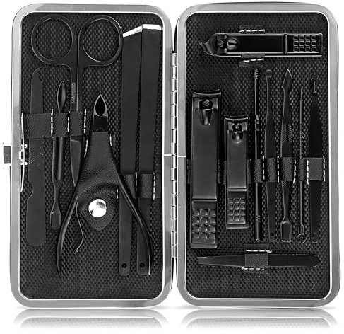 JamBer 15PCS Professionelle Maniküre Set, Edelstahl Nagelschere set, Portable Maniküre Pediküre Set mit luxuriösen Lederetui für Reisen & Zuhause (Schwarz)