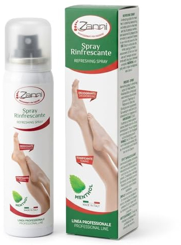 Zanni Spray Rinfrescante Antiodore per Piedi Stanchi, Lozione Deodorante Piedi Tonificante e Idratante a Base di Mentolo e Menta, Dona Sollievo, Adatto a Uso Quotidiano, 100 ml, Made in Italy