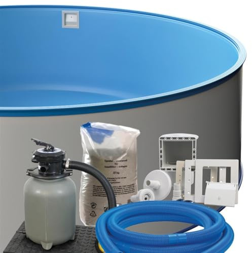 POWERHAUS24 Stahlwand Rundpool-Set Ø 3,50 m x 1,20 m, Pool Made in Europe, Blaue UV-beständige Innenhülle 0,6 mm, SF128 Sandfilteranlage mit 4 m³/h, Einbauskimmer, Filtersand, Poolschlauch