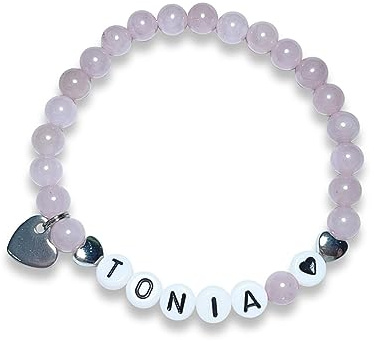 Majas Perlen Armband mit Namen Rosenquarz Herzen echt platiniert - echte Edelsteine Aventurin Tigerauge Amazonit uvm. zur Auwahl - Geschenk Liebe Geburt Baby Erinnerung - Handmade Personalisierbar