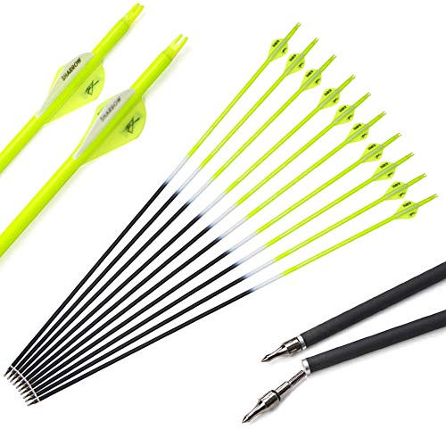 SHARROW 12 Stück Carbonpfeile 30 Zoll Jagdpfeile Pfeile für Bogen Bogenpfeile 500 Spine mit Pfeil Köcher für Recurvebogen und Compoundbögen (Gelb)