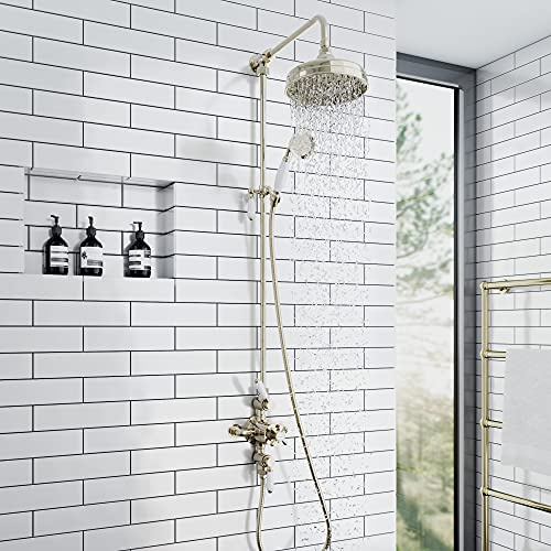 ENKI SH0177 Downton Thermostatic Traditional 2 Outlet Shower System, Gold | Solid Brass, 10-Year Guarantee, Swivel Spout, Flexible Hoses Included, Rainfall Shower Head, Handset & Hose, Shower Mixer Set