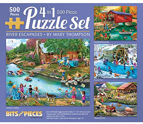 Bits and Pieces - River Escapades Multipack 4-in-1 Puzzle Set 500 Piece Jigsaw Puzzles for Adults - Each Puzzle Measures 46cm x 61cm- Country Water Scene Jigsaws by Artist Mary Thompson