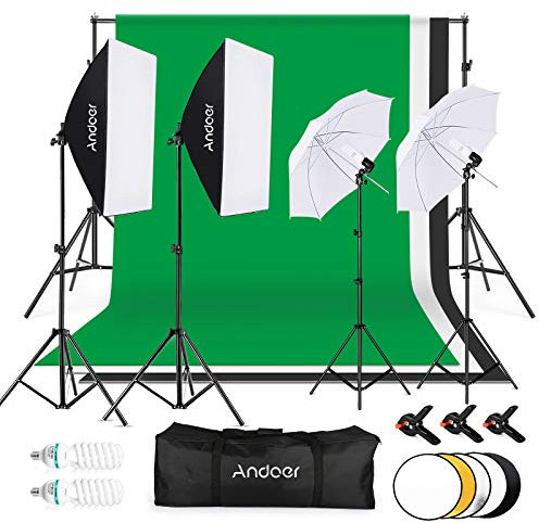 Andoer Kit Studio Photo et éclairage Système de Support de Toile de Fond 135W 5500K Ampoules Parapluie Softbox éclairage Continu pour Studio Photo Professionnel pour Portrait et Photographie Vidéo