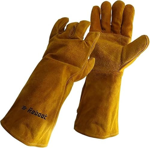16 Inch/40cm Extreme Heat Resistant Leather Gloves, 350℃ Fireproof Mitts for BBQ, Welding (TIG/MIG), Wood Stove, Oven, Baking, Pot Holder, Animal Handling | Unisex Free Size (Men/Women)