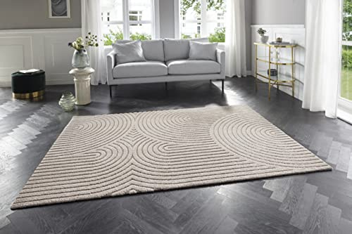 Elle Decoration Panglao moderner Hochflor Teppich - Wohnzimmerteppich Flauschig – Hoch-Tief Skandi Boho Style Wellen - für Wohnzimmer, Schlafzimmer, Küche, Flur - Creme Beige, 160x230cm