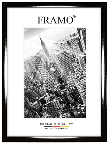 FRAMO Holz Bilderrahmen 17 x 25 cm nach Maß - Schwarz hochglanz | Farbe/Größe wählbar | inkl. entspiegeltes Acrylglas | Rahmen für Puzzle | Foto | Poster