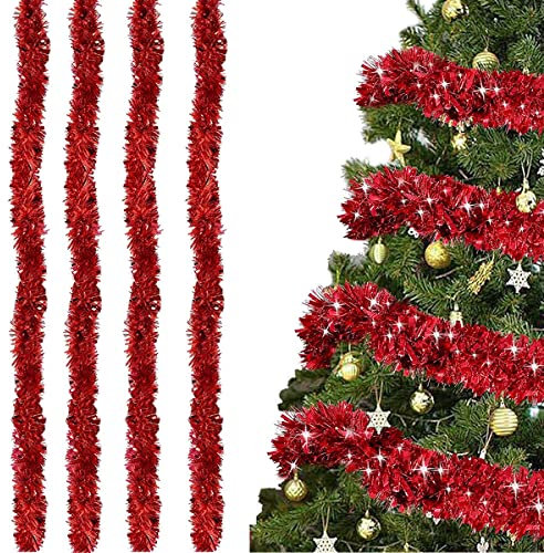 SUNCHE 4 Piezas Espumillón de Navidad, Metálico Oropeles Brillantes Decoración, 2M Espumillón Denavidad, Guirnalda Brillante Metálica Decoraciones, para Árbol de Navidad Boda Fiesta Festival, Rojo