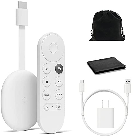 Google Chromecast with Google TV - Streaming Entertainment with Voice Search - Watch Movies, Shows, and Live TV in 4K HDR Streaming Media Player - Includes Pouch and Cleaning Cloth - Snow