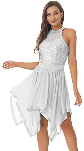 CHICTRY Glitter, paljetter, balettklänning, damer, ärmlös, latin, dansklänning, standard, skuren, balett, body med oregelbunden kjol, ballerina, klänning, festklänning, festlig, Vit, S