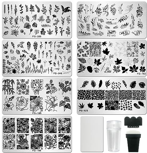 AddFavor Nail Stamper Kit 7pcs Nail Stamping Plates Flower Leaf Maple Nail Stencils with 2 Stamp and 2 Scraper for Home Salon Manicure Design Supplies Tools