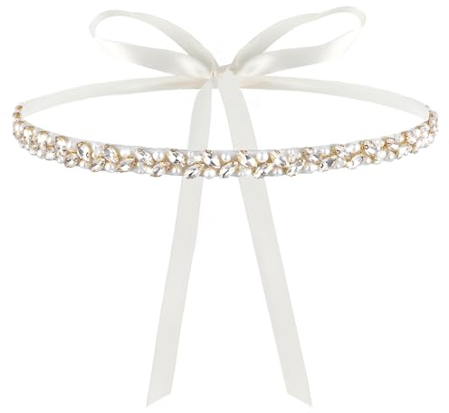 Andibro Handmade Strass Brautgürtel, Kristall Hochzeit Gürtel mit Bändern Braut Hochzeitskleid Schärpe Dekor für Brautkleider(Weiß)