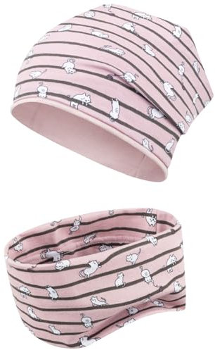 Maja Übergangsmütze + Schlauchschal Beanie Stoffmütze Mädchenmütze im Set Loop Baumwolle, Größe: 54-56, Farbe: Rosa-Katzen