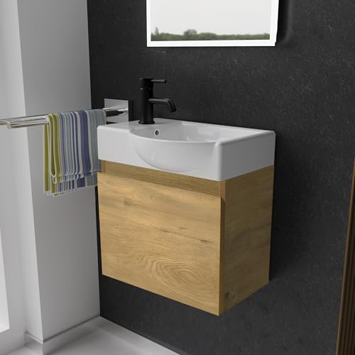 Alpenberger Waschtisch mit Unterschrank | Gäste WC Waschbecken Klein 45 cm Breit | Aufsatzwaschbecken Waschbeckenunterschrank | Badmöbel Set Hängend | Waschtischunterschrank Eiche Natur
