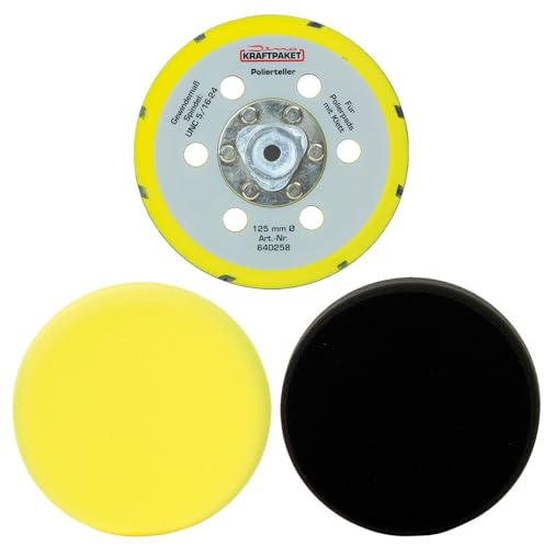 Dino KRAFTPAKET UPGRADE-Set bestehend aus 125mm Stützteller und Polierpads. Passend zu Exzenter Poliermaschine 640229, 6402230 (950W) für die Auto Politur