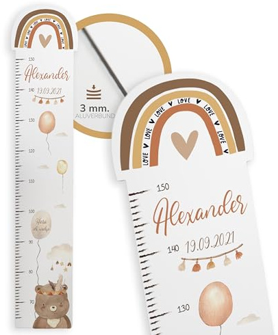 Kidsmood Messlatte für Kinder aus Aluverbund, personalisiert mit Wunschnamen, Regenbogen Messlatte Kind, individuelle Dekoration für Baby- & Kleinkinderzimmer