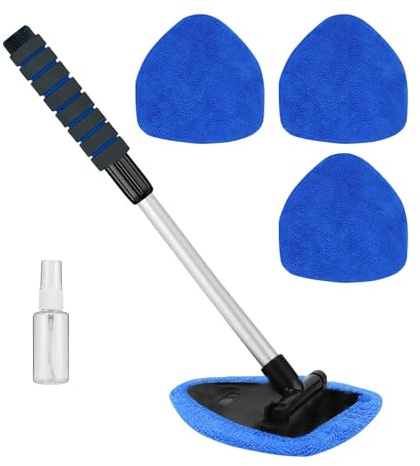 Car Windscreen Cleaner, Multifunctional Car Window Cleaner Tool Kit With 4 Reusable Microfiber Pads And 1 Spray Bottles, Windshield Cleaning Tool With Expandable Handle Auto Inside Glass Wiper Kit