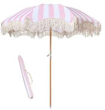 Grand Parasol De Jardin Exterieur 180cm Parasol Balcon Rose Avec Frange Parasol Plage Anti Uv Parasol De Plage Inclinable Parasol De Marché Avec Sac De Transport Pour Terrasse Balcon Marché/8 Baleines