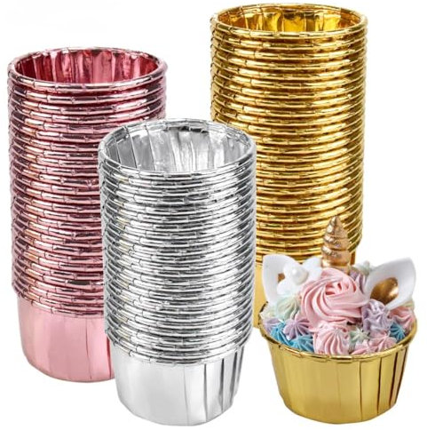 Litinliv 150 Pièces Moules à Cupcakes, Caissettes Cupcake, Mini Tasses de Cuisson en Aluminium, Caissette Muffins Papier pour Pâtisserie, Cuisson, Anniversaire, Fête(Or, Argent, Or Rose)