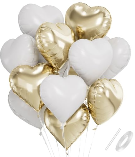 Herzluftballons Weiß Gold, 18 Zoll Herz Folienballon Gold Weiß, Herzballons Hell Gold Weiß, Herz Luftballons Hochzeit Helium Set, Ballons mit Herzform für Geburtstag,Valentinstag, Hochzeitsfeier
