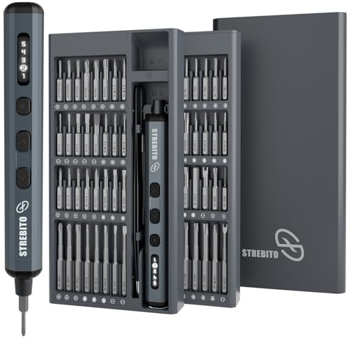 STREBITO Mini electric screwdriver Set,5 verbesserte Drehmomentstufe 70Stk | Digitaler Anzeige der Drehmomentstufen (1–5),USB‑C,64 Magnetische Bits,Mini-Elektroschraubendreher für PC, RC-Elektronik