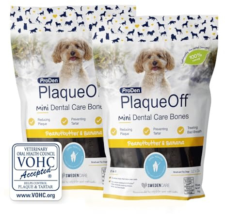 ProDen PlaqueOff 20 Mini Dental Bones for Small & Toy Dogs | VOHC Accepted, Clinically Proven, Dual Action, Vet Recommended, Organic Seaweed, Helps to Removes Bad Breath, Plaque,& Tartar