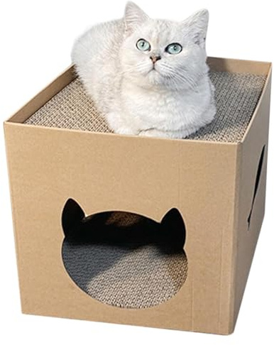 Katzenkratzhaus aus Pappe, Katzenhaus Pappe mit Katzen Kratzbrett, Katzenhaus Karton Indoor, Katzenhöhle mit Kratzbrett, Kratzbox für Katzen, Katzenversteck zum Schlafen und Spielen, 30x30x30 cm