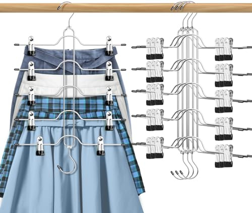 Skirt Hangers with Clips for Woman, 5 Tier Pants Skirt Hangers, 4 Pack | Space Saving Hangers, Clip Hangers for Skirts, Multi Shorts Hangers with Adjustable Clips