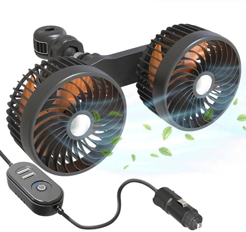 Ventilador Coche 12V/24V, Ventilador Asiento Trasero Doble Cabezal para Coche, Ventiladores USB Silencioso con 3 Velocidades, Ventilador Portátil Giratorio 360°, para SUV Camión RV Furgoneta