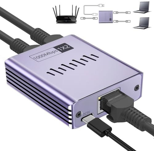 Obllemn Switch Ethernet 2 Porte, Splitter Ethernet Gigabit da 1 a 2, 1000Mbps, Divisore di Internet LAN con Cavo Type-C, per Computer, HUB, Router, Set-Top, TV e Altro