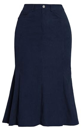 Allegra K Jupe en Velours Côtelé Femme Ourlet Plissé Taille Haute Style Décontracté Mi-Longue Automne pour Bureau Bleu foncé L