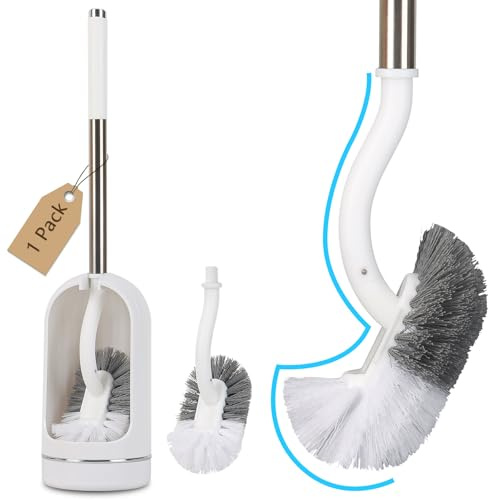 Toilet Brush, Toilet Brushes with Holders, Curved Toilet Brush with Edge Cleaner, Stainless Steel & Plastic Handle, Loo Brush Replacement Heads, Bathroom Cleaning Brush (1, White)