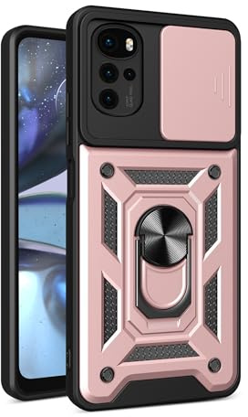 JayModCase Funda para Motorola Moto E32 / E32s / G22 Carcasa con Protección Militar Antigolpes, Cubierta de Cámara Deslizante y Soporte de Anillo Giratorio 360° Case for Moto G22 - Rose Gold