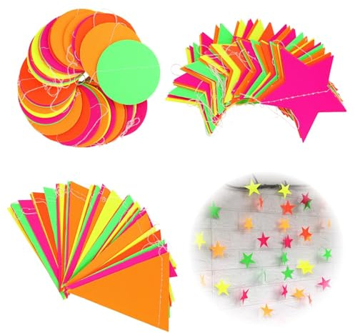 Schwarzlicht Party Deko Neon Papiergirlande Set, 3 Formen je 4,4 m Länge, Kreis Punkte Sterne Dreiecke, UV Glow Girlanden für Geburtstag Hochzeit Disco Festival Kinderparty