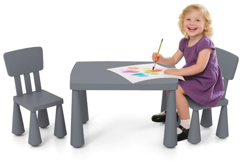 DREAMADE Kindertisch mit 2 Stühlen, 3tlg. Kindersitzgruppe mit abgerundeten Kanten zum Lernen & Essen & Spielen, Sitzgruppe aus Kunststoff, Kindermöbel Set für Mädchen und Jungen (Grau)