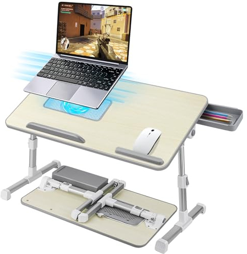AirOpen laptopbord för sängen, justerbar höjd, vinkel, sängbord fällbart med kylare för bärbar dator, låda, laptopbord för säng, soffa, soffa, golv (53 x 30 cm, Beige)