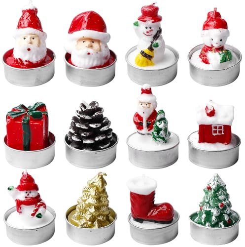 Behogan 12 Stück Weihnachten Teelicht Kerzen, Teelichter Weihnachten, Weihnachts-Teelichter Handgemacht, Zauberhafte Weihnachtsdekoration, Kerzen Weihnachten, Weihnachtsteelichter