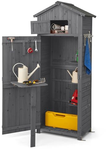 FANTASK Gartenschrank, Geräteschrank aus Holz wetterfest mit klappbarem Tisch, Tür & 8 Haken, Gartenschrank mit Satteldach für Garten, Terrasse & Hof, Grau