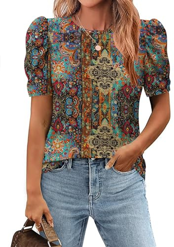 Zeagoo Camiseta Manga Corta Mujer Verano Cuello Redondo Camiseta Elegante Mangas Abullonadas T-Shirt Tunica Top