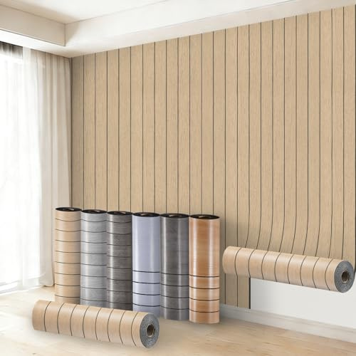 Anttyscar Self-Adhesive Wood Grating Wallpaper Brown Wood Slat Wallpaper Wood Stripe Grain Natural Wooden Slats Peel and Stick Contact Paper for Living Room Kitchen Bedroom Office