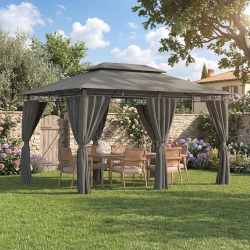 Devoko Garden Pavillon 3x4 Wasserdicht Stabil Winterfest Deluxe Gazebo, UV-Schutz 50+ Doppellagiges Grilpavillons mit seitenwänden für 8-14 Personen, Partyzelt für Freizeit, Partys,Grau