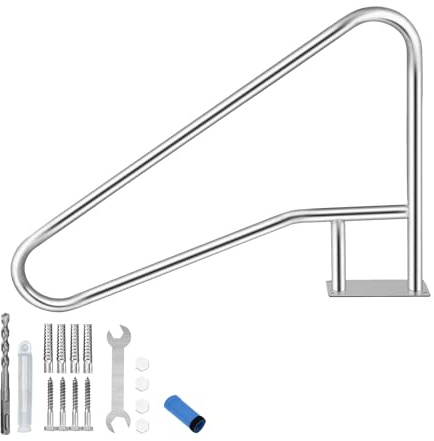 Main courante piscine, 140 * 81cm Rampes piscine, acier inoxydable 304 | Capacité 170kg, Enterrée, Sécurité entrée et marches, poignée antidérapante bleue, installation rapide – Modèle droit oblique