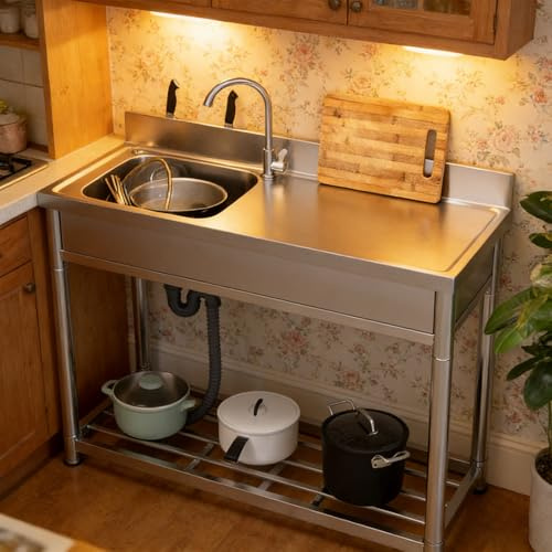 Fregadero de Acero Inoxidable de 100 cm, Tarja Individual con Grifo de Agua Fría/Caliente y Kit de Drenaje Completo, Mueble de Lavadero para Exterior, Garaje o Jardín