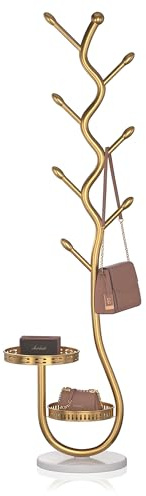 VLites Garderobenständer mit 8 Haken 2 Ablagen, Kleiderständer Baumform Jackenständer, Höhe 170 cm für Kleidung, Taschen und Hüte, für Flur, Wohnzimmer, Schlafzimmer (Gold)