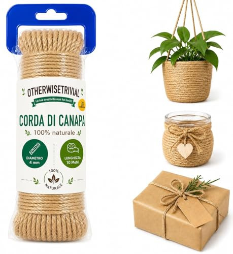 Corda di Canapa Naturale 100%, Spago Multiuso per Giardinaggio, Decorazioni, Macramè e Fai da Te, Disponibile in 4mm, 6mm, 8mm (4 mm x 10M)