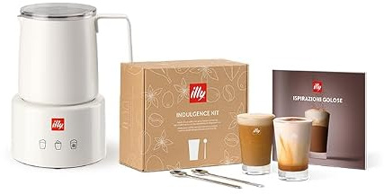 ILLY Milkfrother | Electric Milk Frother + Indulgence Kit, A Set of 2 Illy Glass Glasses, Two Design Stainless Steel Spoons and a Coffee Recipe Book